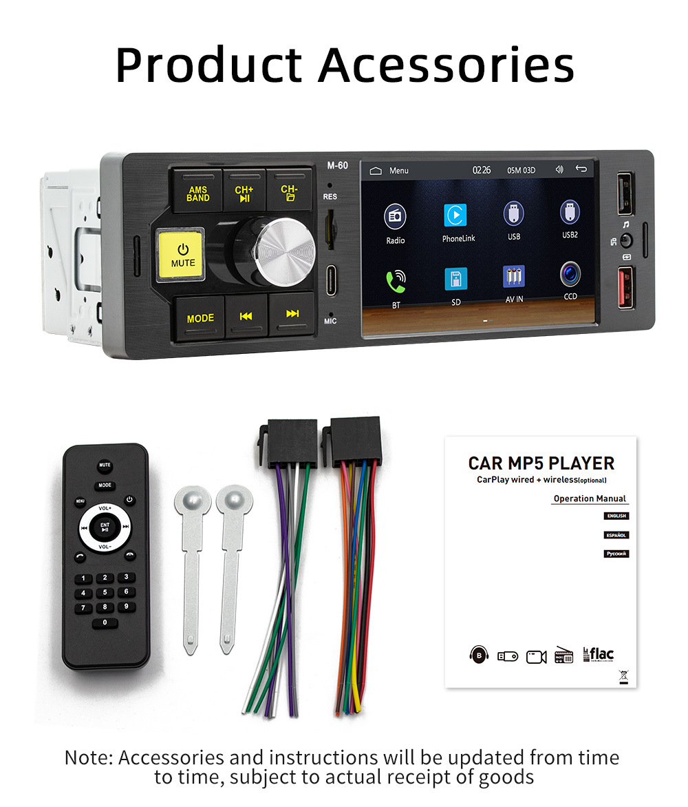 4.1inch Single-DIN Wired CarPlay Car MP5 Player Bluetooth Reversing Car Center Console Radio 12V