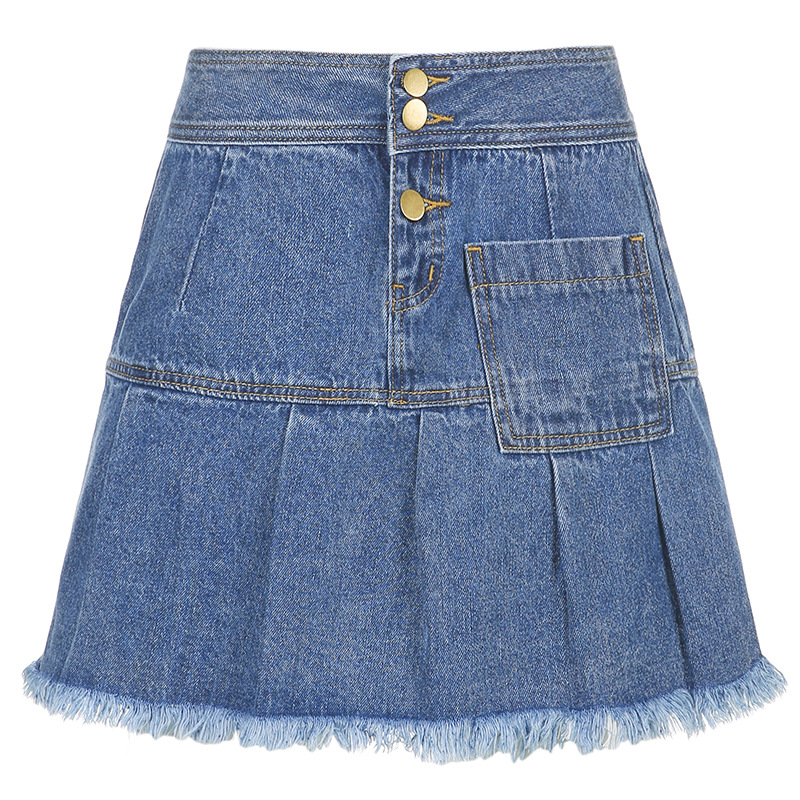 fashion pocket-breasted high-waist pleated denim skirt NSNWQ56390