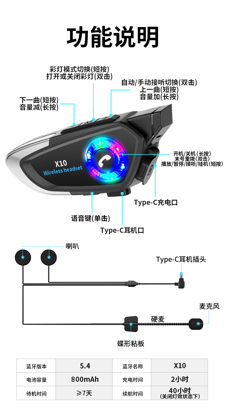 Cross-border exclusive motorcycle Bluetooth helmet headset, waterproof, noise-reducing, long battery life, wireless voice headset, direct factory sales