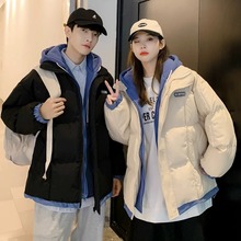 美式高街情侣装冬季假两件连帽棒球棉服男女高级感韩系棉袄厚外套
