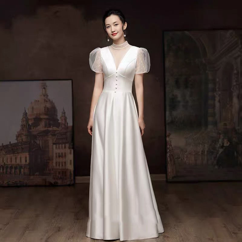 Vestido de novia para brindis 2026, nuevo estilo de verano, satén blanco, manga abullonada, para banquete, compromiso, boda, vestido de novia ligero.