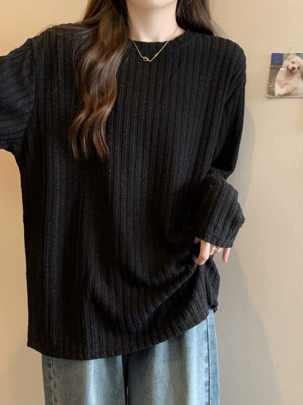 大码女装小众减龄休闲百搭圆领套头坑条T恤女秋季纯色长袖上衣ins|undefined