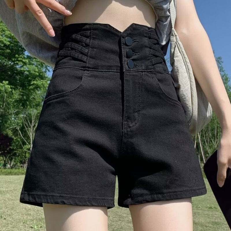 Elastic Black Denim Shorts for Women, Summer Plus-Size, with Buttons, Tummy Control, Super High Waist, Wide-Leg A-Line Hot Pants