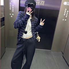 厂家直销藏青色条纹针织开衫女早春2025新款韩系穿搭正肩毛衣