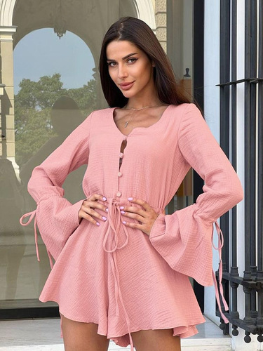  Western and European Cross-border Bubble Crease Pure Cotton Pink Bodysuit Women Autumn Design Sensation Drawstring Bell Sleeve Bodysuit