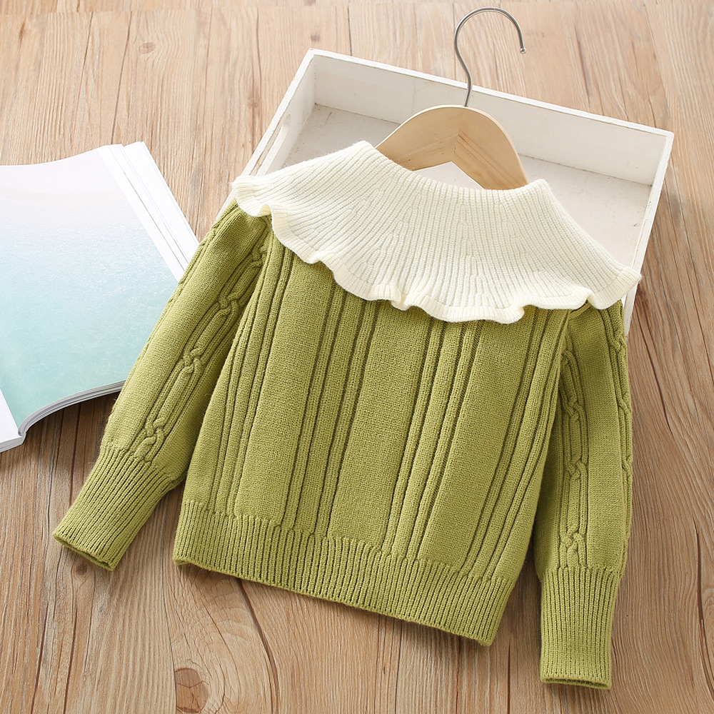 Maglione delle ragazze 2023 Autunno/Inverno Nuovo stile occidentale Bambina Grande colletto a vibrazione Monopetto a maniche lunghe Per bambini_voghion.com