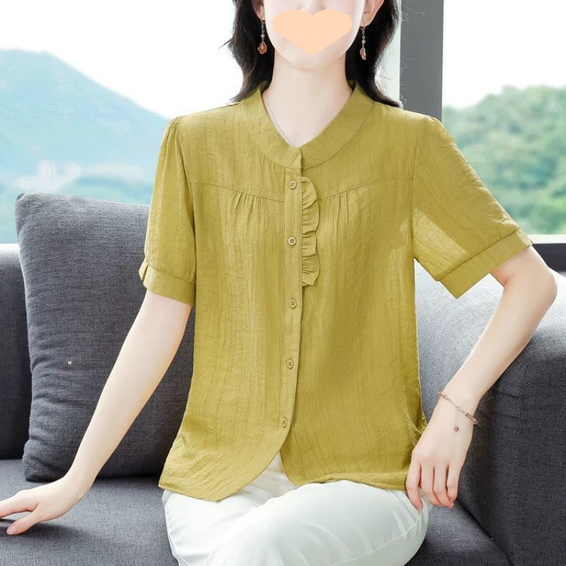 氷の糸のしわのシャツの新しい中国式の女性の半袖の夏の2025新型のお母さんの小さいシャツはゆったりとしていて腹を覆います。|undefined
