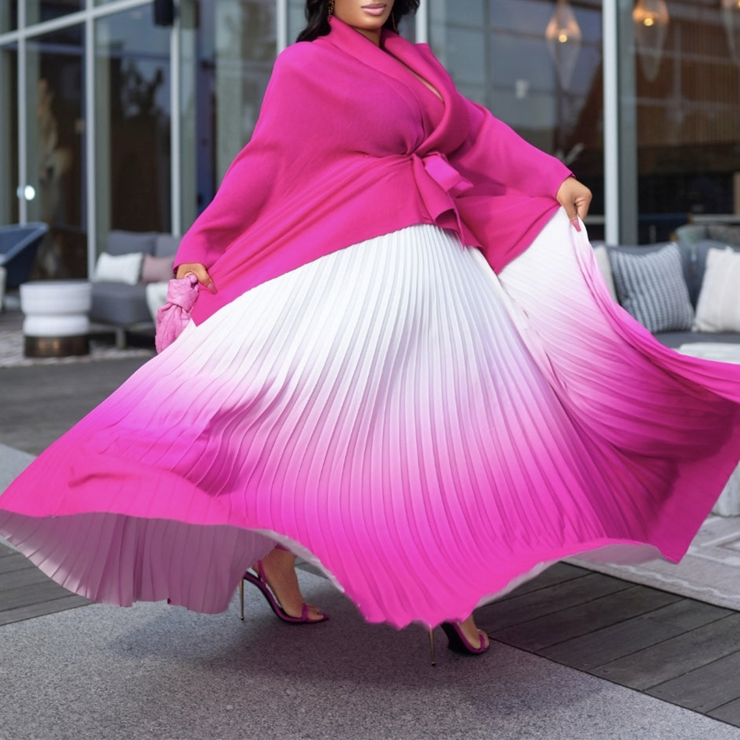 Women's Clothing pleated irregular lace up top gradient skirt suit two piece suit_voghion.com