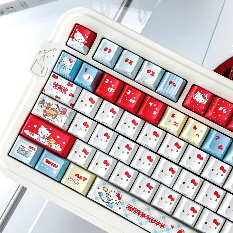 Hellokitty Blue + Red Keycaps, Wear-Resistant Pbt, Five-Sided Dye-Sublimation, Side-Engraved Translucent Plastic Keycaps, Cross-Axis Hellokitty Blue + Red Keycaps, Wear-Resistant Pbt, Five-Sided Dye-Sublimation, Side-Engraved Translucent Plastic Keycaps, Cross-Axis