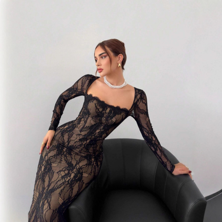 Xiyin Amazon 2025 Square-Neck Lace Patchwork Slit Waist-Cinching Slimming Long-Sleeve Bodycon Zipper Dress