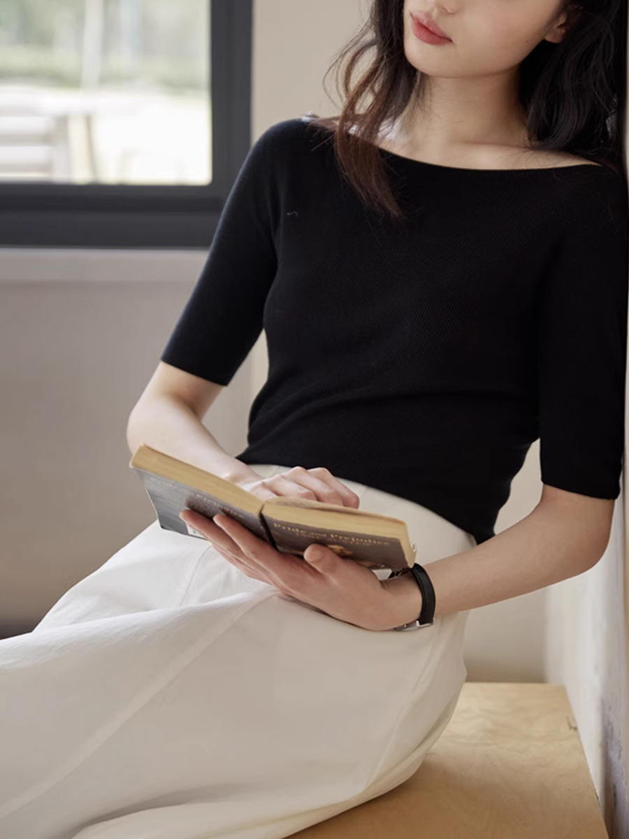 Áo dệt kim Tencel tay lỡ cổ chữ I kiểu Pháp nữ mùa hè — Màu đen