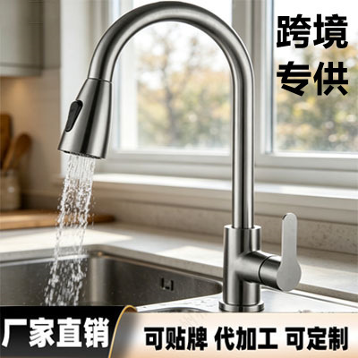 Cross-Border Stainless Steel Pull-Out Kitchen Faucet, Hot and Cold Dishwashing Sink Faucet, Universal Rotatable Sink Faucet