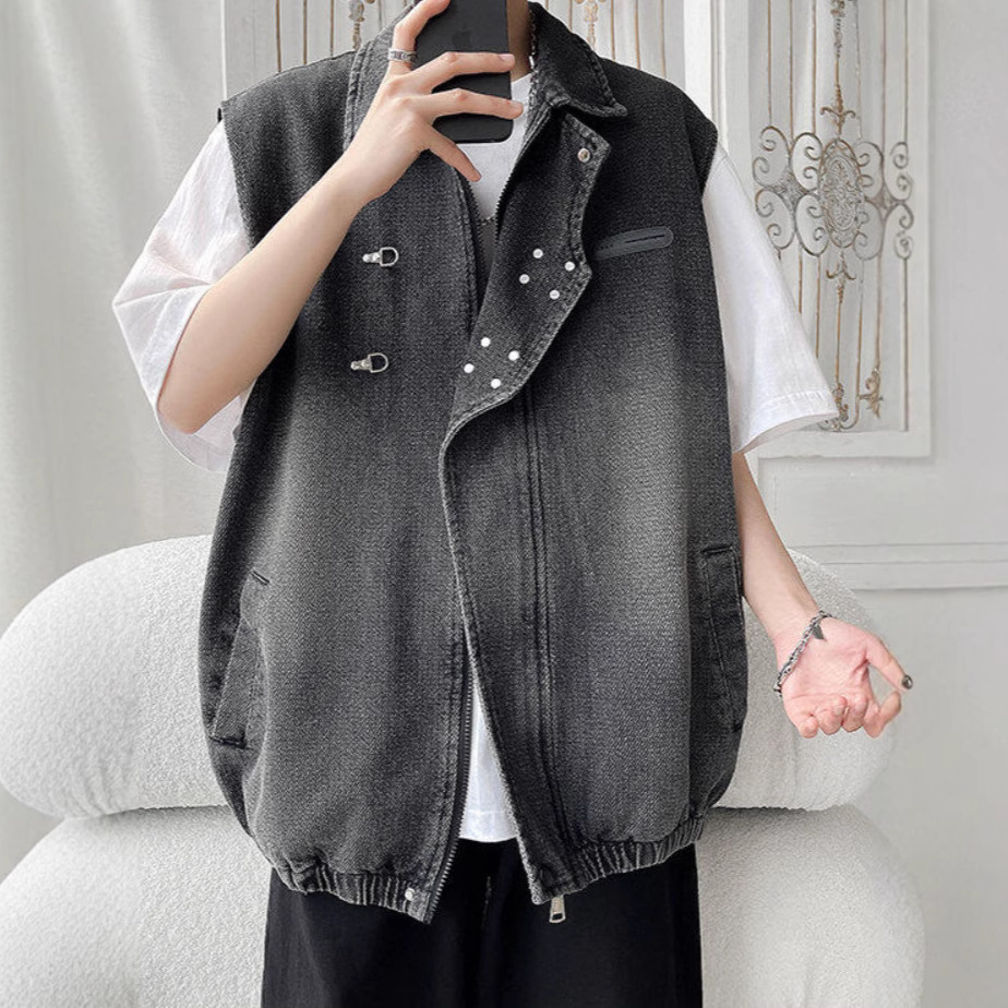 2025新款男士牛仔马甲中国风情侣背心翻领飞机扣无袖坎肩机车外套