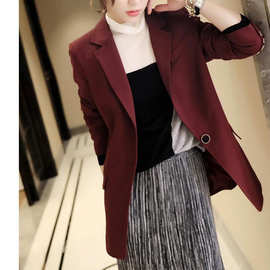 显白 显白 酒红色一粒扣修身四面弹中长西装上衣女 2022秋季新款