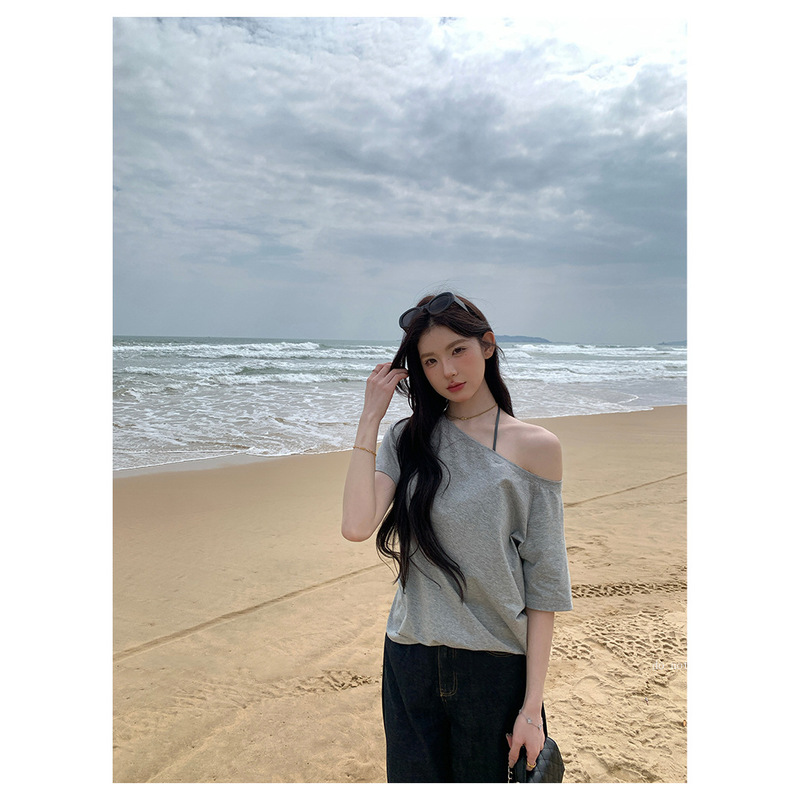 3531# alex stevens 慵懒风露肩t恤女一字肩斜肩短袖设计感上衣新|undefined