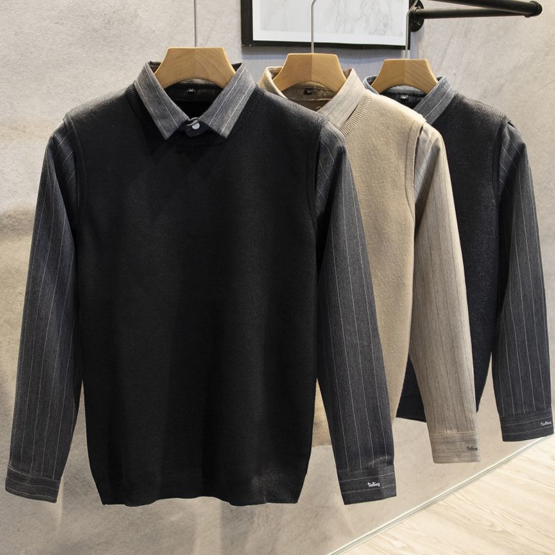 Spring and Autumn Korean style slim fit fake two-piece sweater men's casual all-match high-end sweater men's vest shirt collar top