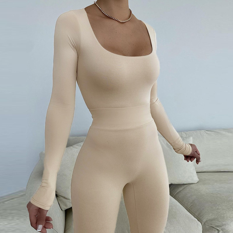 Solid Color Low-Cut Long-Sleeved Top & High-Waist Tight Pants Set NSMX80423