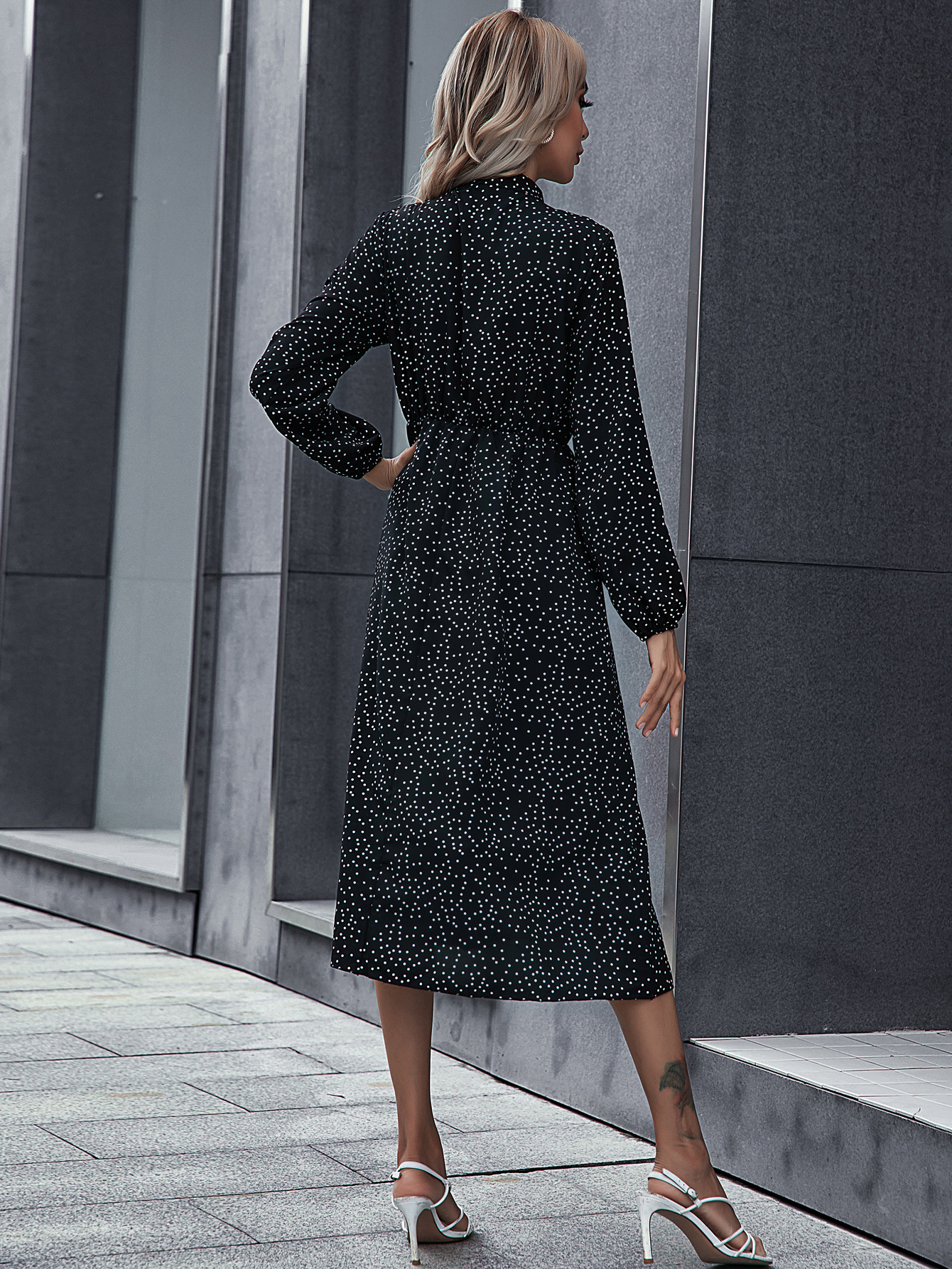 Printed Long Sleeve Lapel Dress NSCX72523