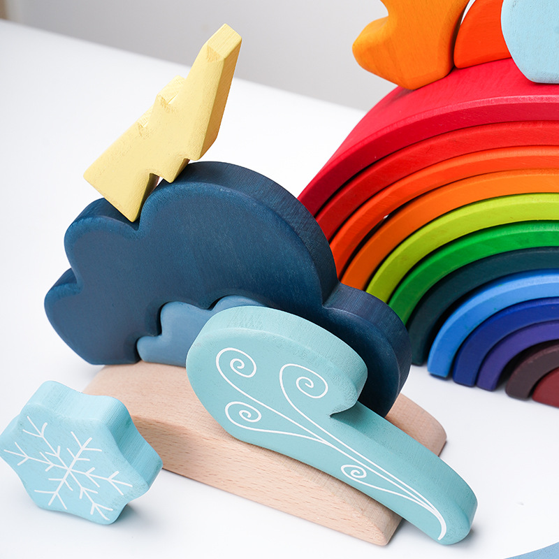 Arco Iris bloques de construcción combinación de clima traje de montaje creativo de madera para niños escena edificio educación temprana juguetes coordinación mano-ojo