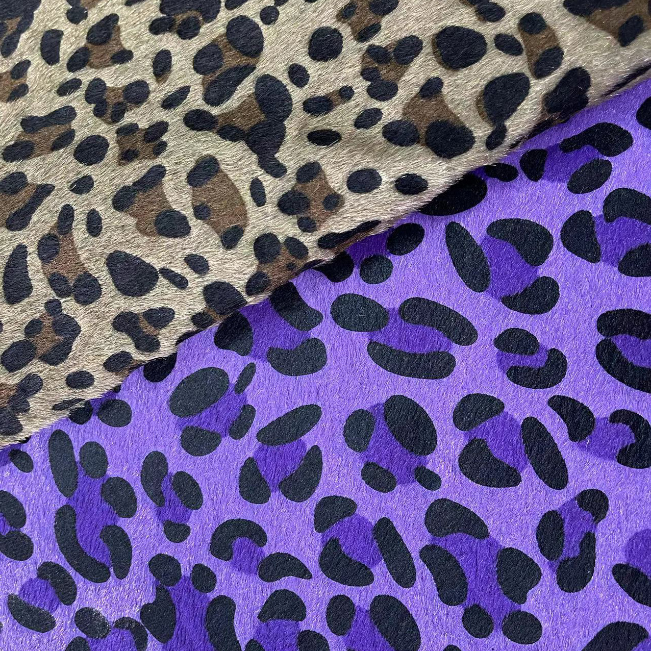 现货供应 仿马毛 大豹点梅花豹纹人造植绒印花绒布 鞋材箱包面料