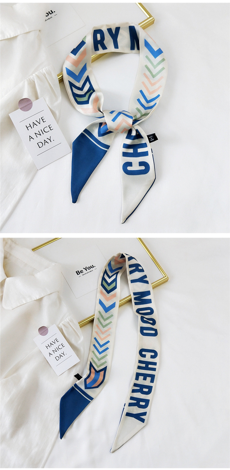 30g Weight Silk Scarf Classification Travel Occasion Unisex Gender Sweet Style Khaki, Grey, Pink, Purple, Red, Green, Blue, Black Color Fashion Streamer Printing Bow Silk Scarf Wholesale 26