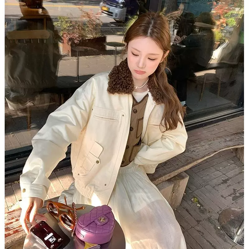 橡子街 巴恩风拼接毛领棉服两色天丝棉宽松工装外套秋冬