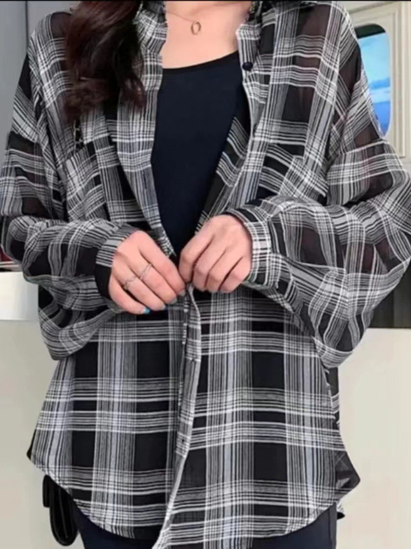 港风复古格子衬衫外套女早秋薄款休闲宽松长袖防晒衬衫设计感|undefined