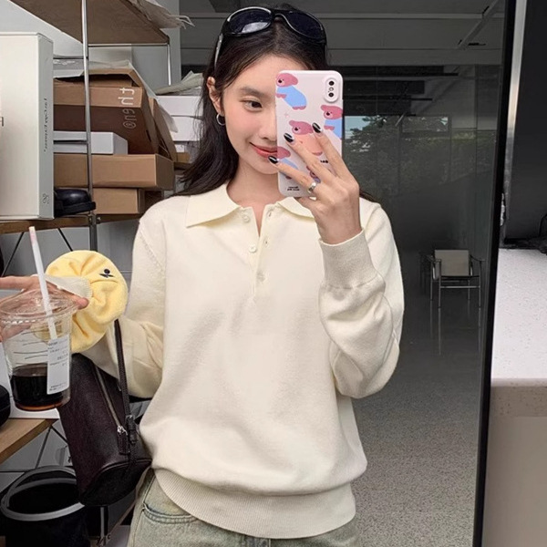 Korean Style Age-Reducing Embroidered Polo Collar Knitwear for Women 2025 Autum Lazy Style Versatile Loose Lapel Long-Sleeved Top