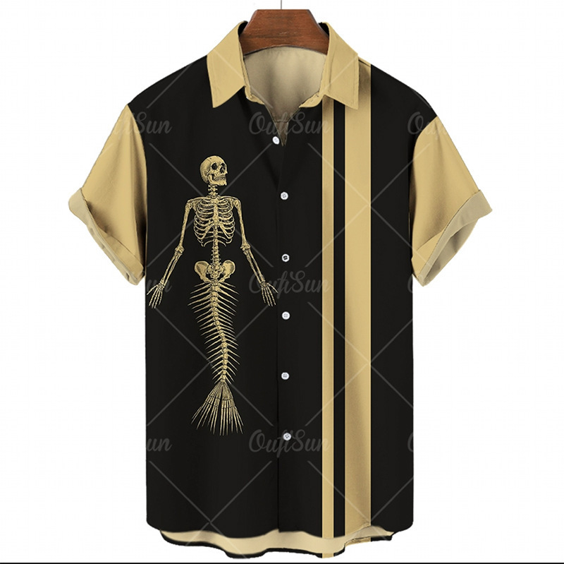 European and American Cross-border Men's Loose 3D Digital Skull Print Shirt Fashion Personality Breathable Summer Halloween Short Sleeve