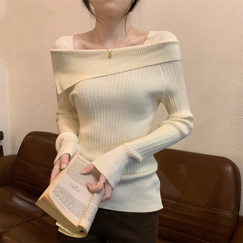 One-Shoulder Knitted Bottoming Shirt for Women in Spring, Autumn and Winter, Irregular Inner French High-Waisted Right-Shoulder Collarbone Long-Sleeved Top