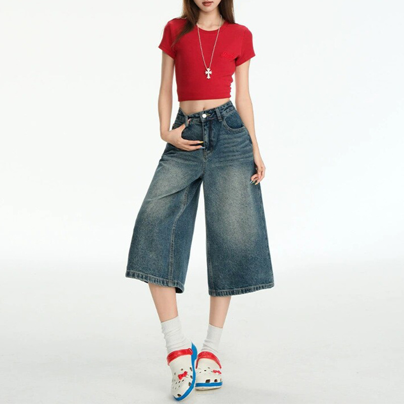 American Retro High-Waisted Denim Shorts for Women 20256 Summer New Loose-Fitting Casual Versatile Straight-Leg Mid-Length Pants