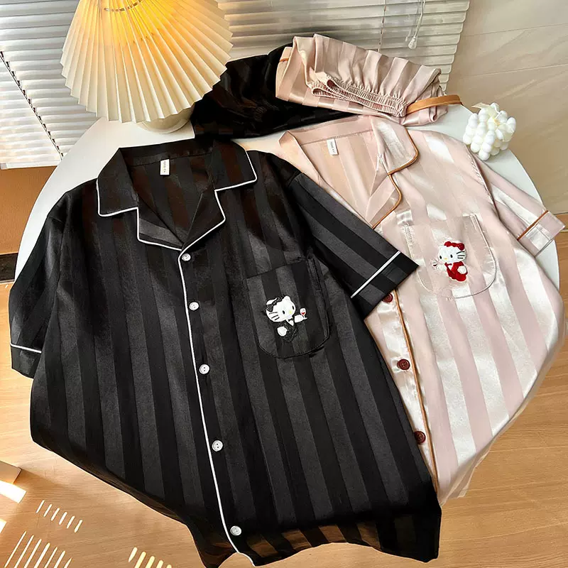 条纹情侣睡衣女夏冰丝短袖2025年新款HELLO kitty一男一女家居服