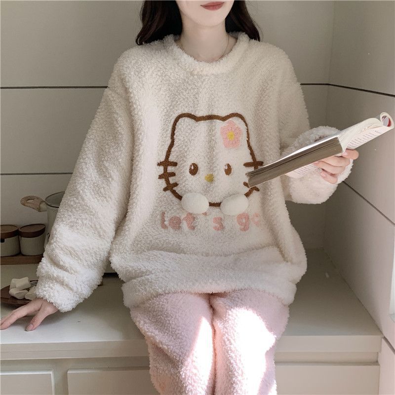 半边绒睡衣女秋冬季加厚保暖甜美卡通珊瑚绒少女家居服套装可外穿|undefined