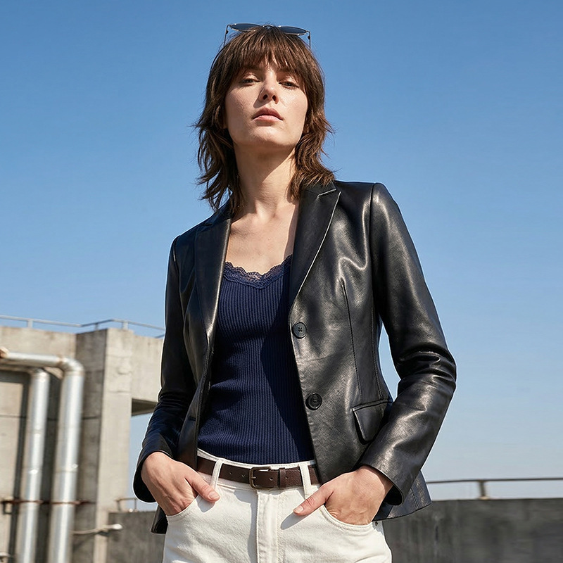 Genuine Leather Suit Jacket for Women, Spring and Autumn, Made of Sheepskin, Slim Fit, Flattering, Suitable for Workplace and Commuting, Imported Genuine Leather from Turkey