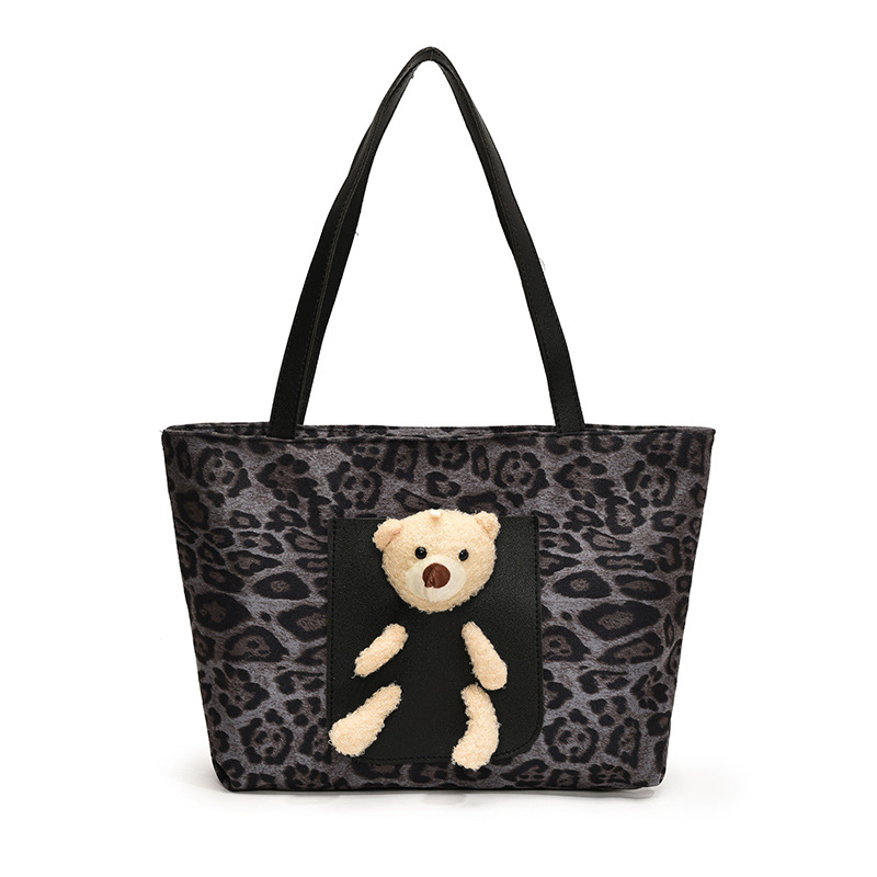 Retro estampado de leopardo de gran capacidad bolsa de tela Tote otoño-invierno muñeca oso lindo viaje bolso de hombro bolso de moda