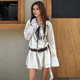 春季新款欧美跨境女学院风条纹氛围穿搭长袖衬衫连衣裙 PG5557