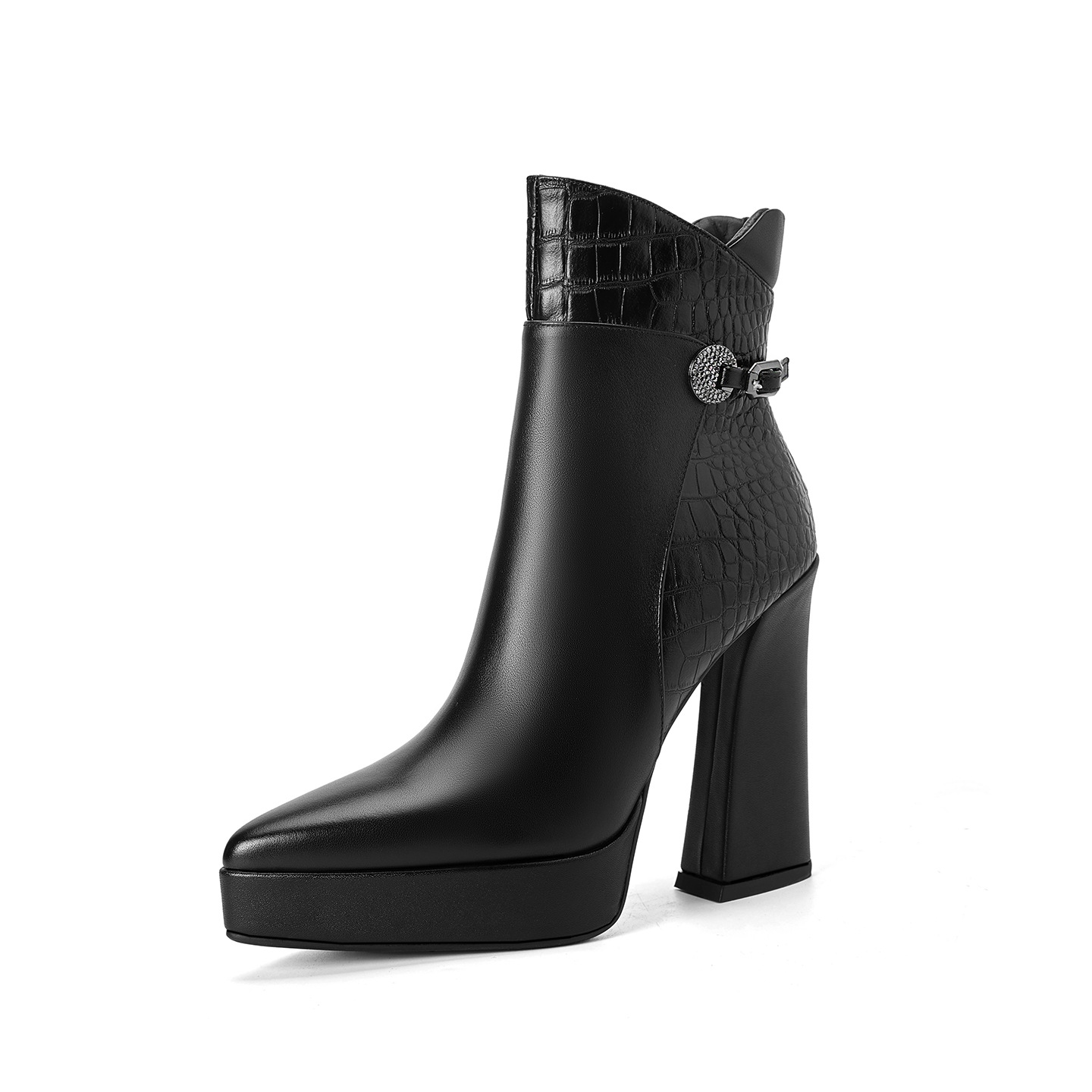 Boot nữ cổ thấp mũi nhọn da bò cao cấp gót siêu cao đế dày mùa thu đông — nâu, màu đen