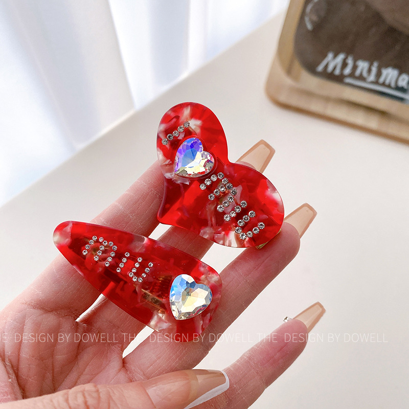 朵薇飾品氣質醋酸愛心水鑽側邊鴨嘴夾高級感水滴劉海夾髮飾女發卡