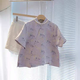 2553新中式国风紫色高端上衣女新款夏季小个子唐装短袖衬衫