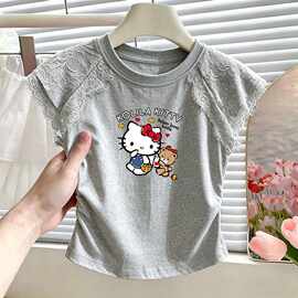 跨境外贸女童短袖夏季儿童背心洋气时髦夏装新款女孩蕾丝花边上衣