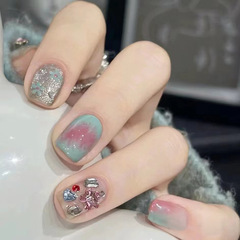 小紅書短款帶鑽美甲片薄荷玫瑰露暈染穿戴美甲可拆卸假指甲片