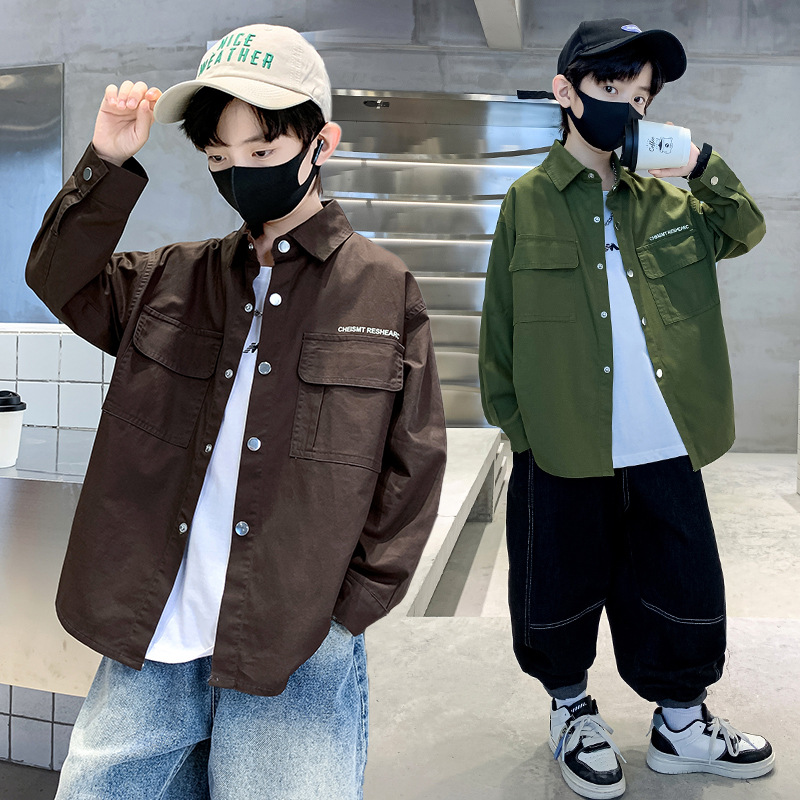 男童秋裝打通咖色工裝襯衫春秋款2025新款兒童春季襯衫帥氣韓版潮