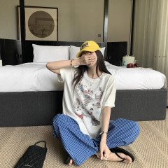 EKOOL服庫「雪綿」デジタルプリント丸襟半袖tシャツ女性の夏はゆったりしていて、着痩せしています。