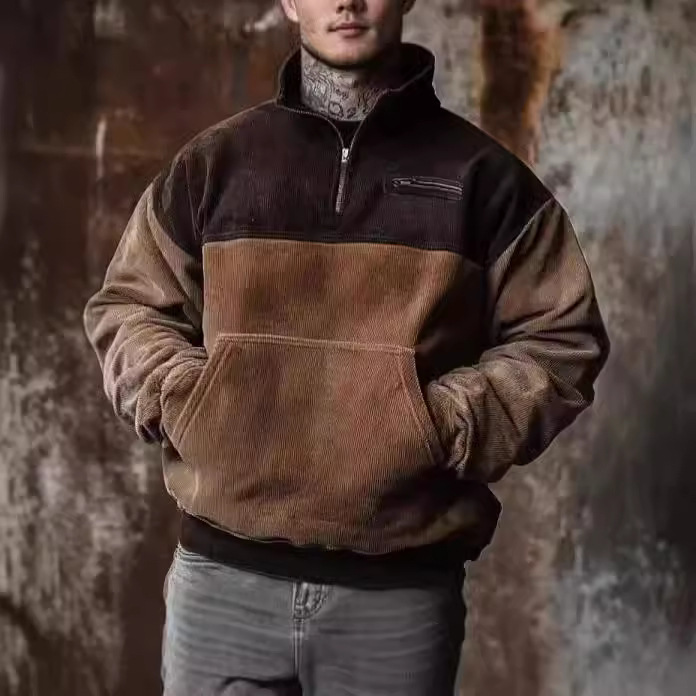Amazon Independent Station Cross-border Sweater Men's Retro Corduroy Stitching Contrast Pocket 1/4 Zipper Sweatshirt 6 Amazon Independent Station Cross-border Sweater Men's Retro Corduroy Stitching Contrast Pocket 1/4 Zipper Sweatshirt 6