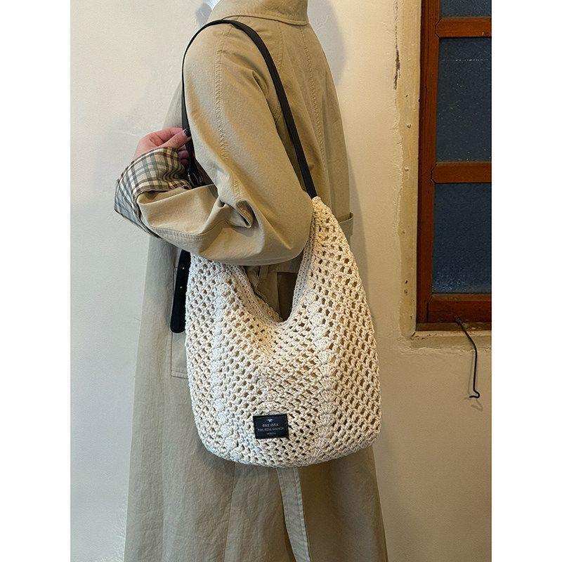 Korean-Style Beach Vacation Style Hand-Woven Tote Bag for Women, Large Capacity, Niche Commuter Hollow-Out Shoulder Crossbody Bag