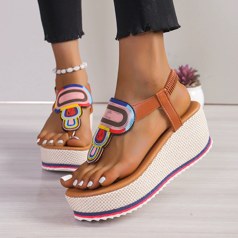 2024 лето новый дикий модный тренд наклон с цветным бриллиантом ножки эластина с толстым дном для комфорта большой размер сандалии для женщин