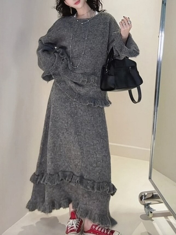 法式甜美毛衣套装女秋冬韩版慵懒针织上衣+荷叶边宽松半身裙2件套|undefined