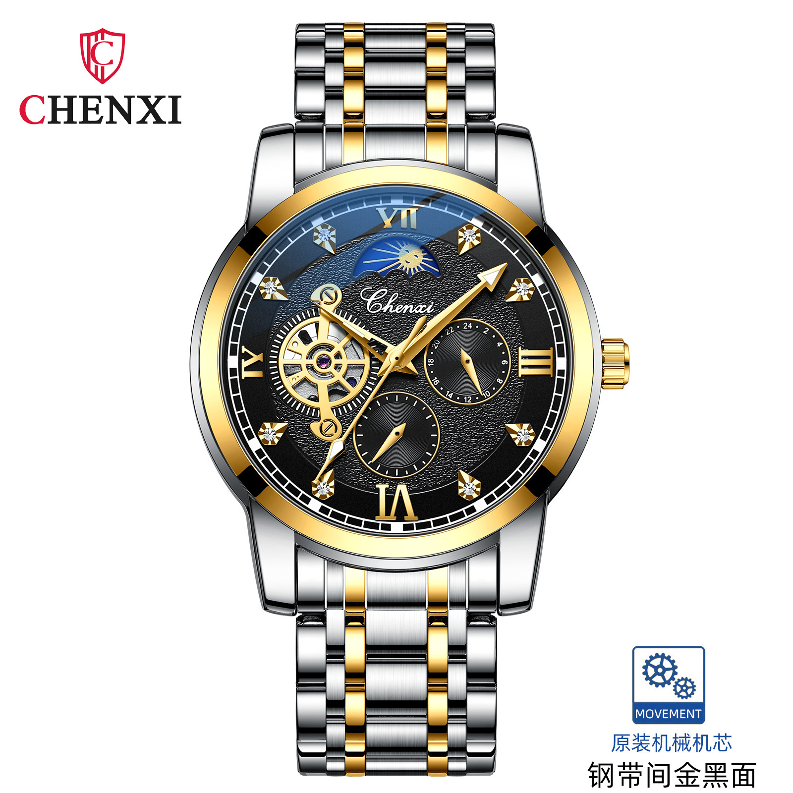 CHENXI reloj casual reloj mecánico automático de los hombres fase lunar nueva mariposa hebilla correa de acero hueco-hacia fuera transparente inferior