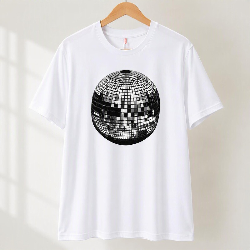 White disco ball print cotton t-shirt, loose fit, short sleeve, women's clothing White disco ball print cotton t-shirt, loose fit, short sleeve, women's clothing