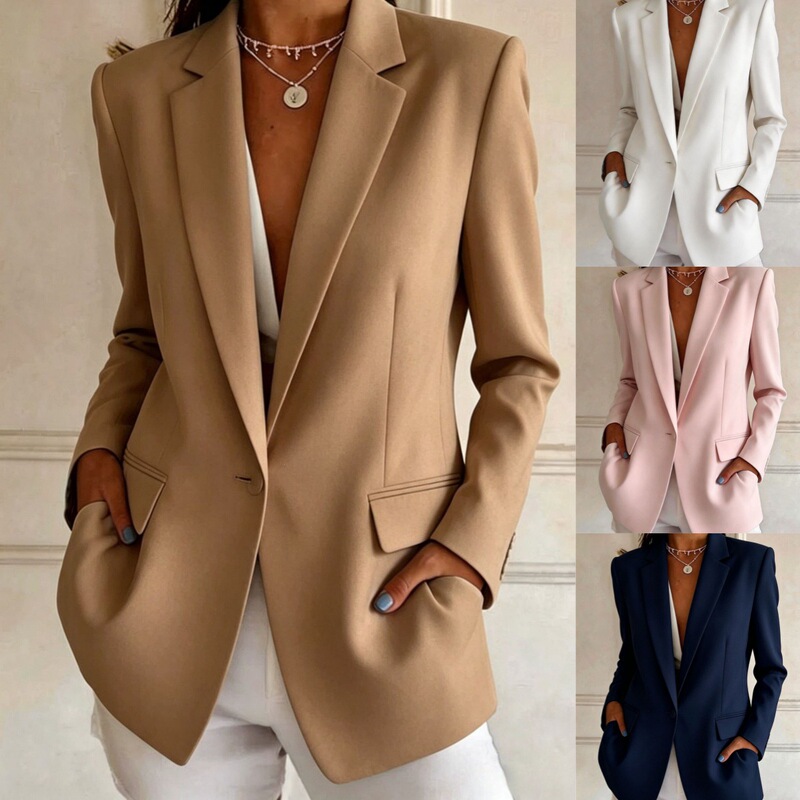 European and American minimalist solid color loose-fitting blazer, commuter lapel single-button versatile casual suit jacket European and American minimalist solid color loose-fitting blazer, commuter lapel single-button versatile casual suit jacket